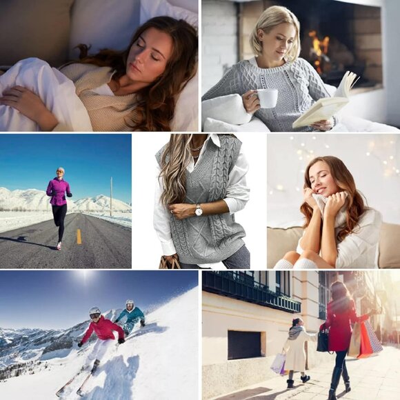 Womens V Neck Oversized Cable Knit Light Grey Sweater Vest Sleeveless Pullover - Picture 7 of 7